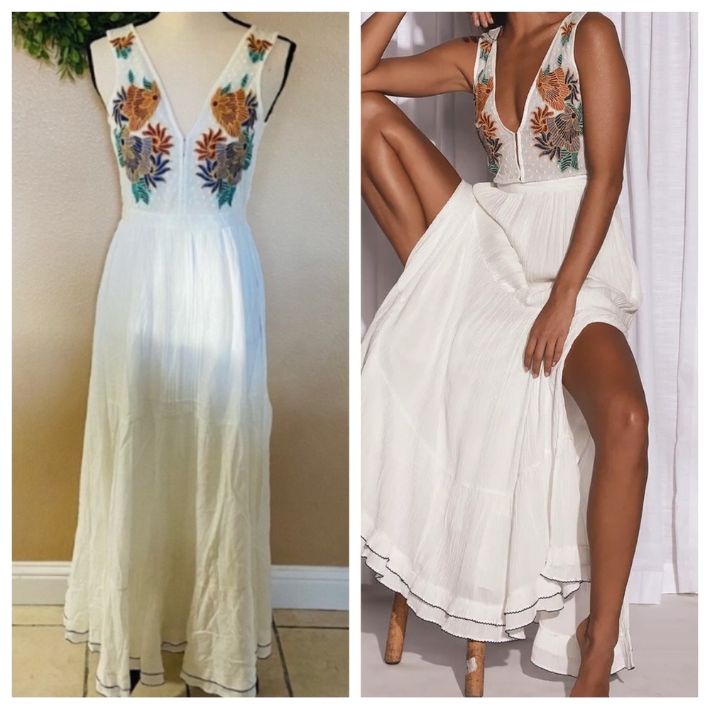 Lulu's White Maxi Dress with Floral Embroidery